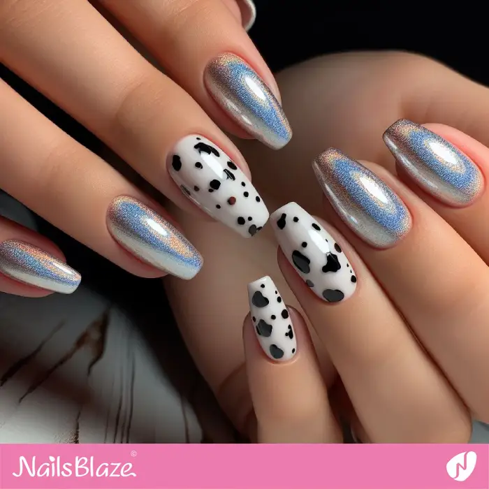 Holographic Silver Nails With Dalmatian Print | Animal Print Nails - NB2006